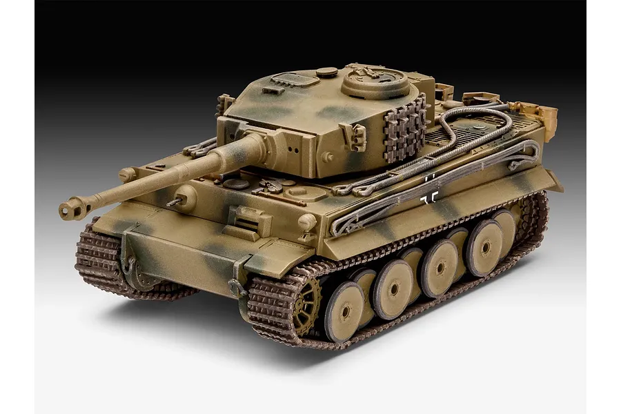 A fully assembled and painted 1/72 scale plastic model of a German PzKpfw VI Tiger tank in camouflage, shown from a high-angle front three-quarter view.