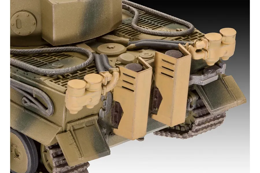 Close-up of the rear engine deck and exhaust area of a painted 1/72 scale Tiger I tank model.