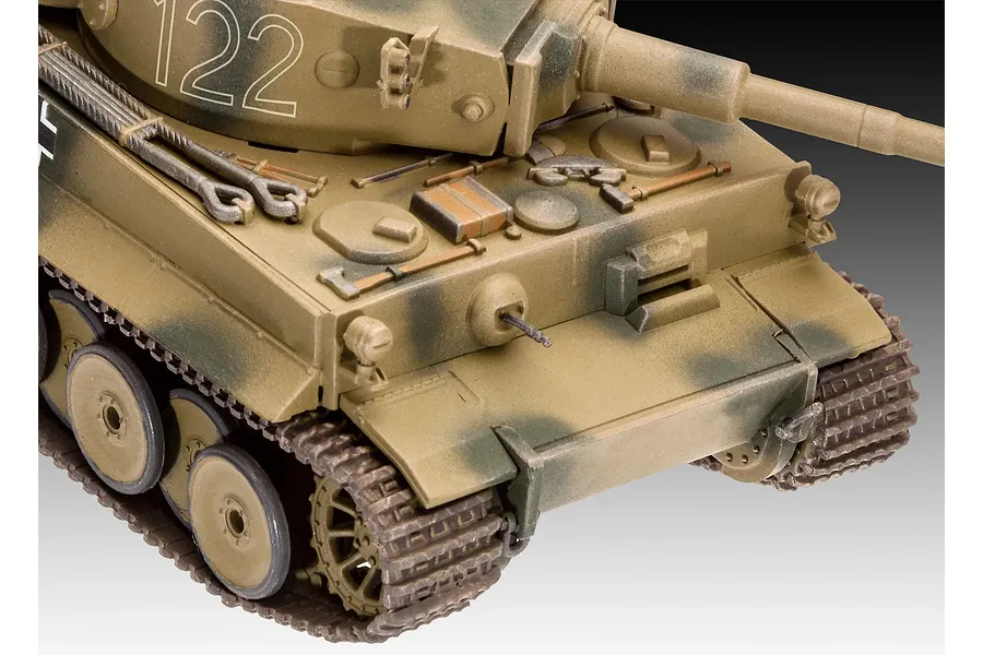 A close-up view of a 1/72 scale plastic model of a German Tiger I tank, showing the front hull, turret, and camouflage paint scheme.