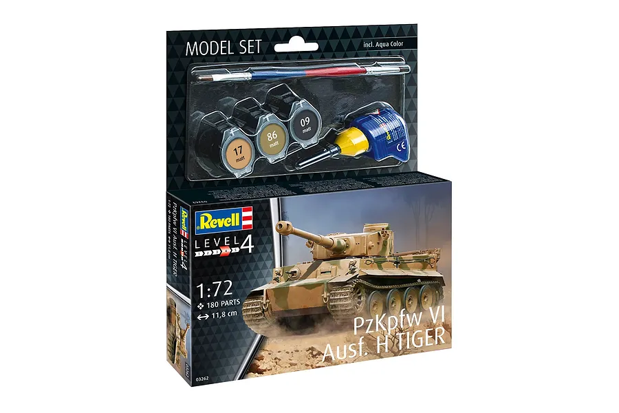 Revell 1/72 scale PzKpfw VI Ausf. H Tiger model kit box, including paints, glue, and a paintbrush.