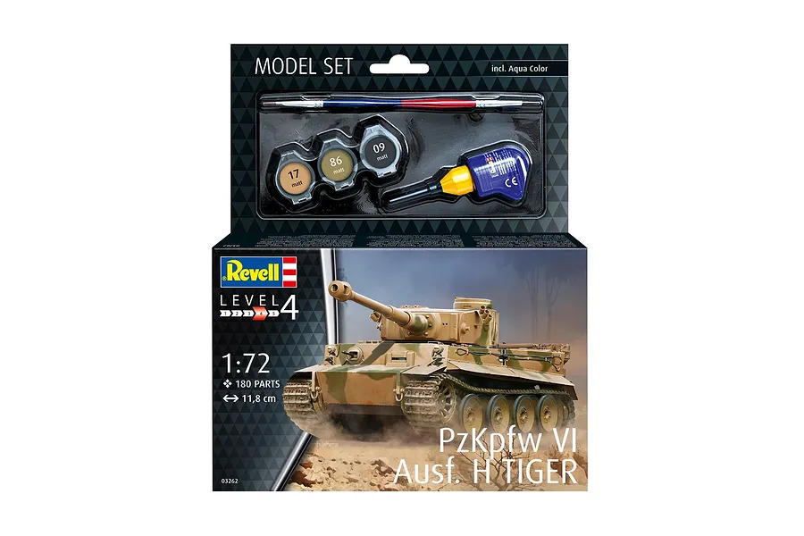 Revell 1/72 scale PzKpfw VI Ausf. H Tiger tank plastic model starter kit box showing the tank model, paints, glue, and brush.