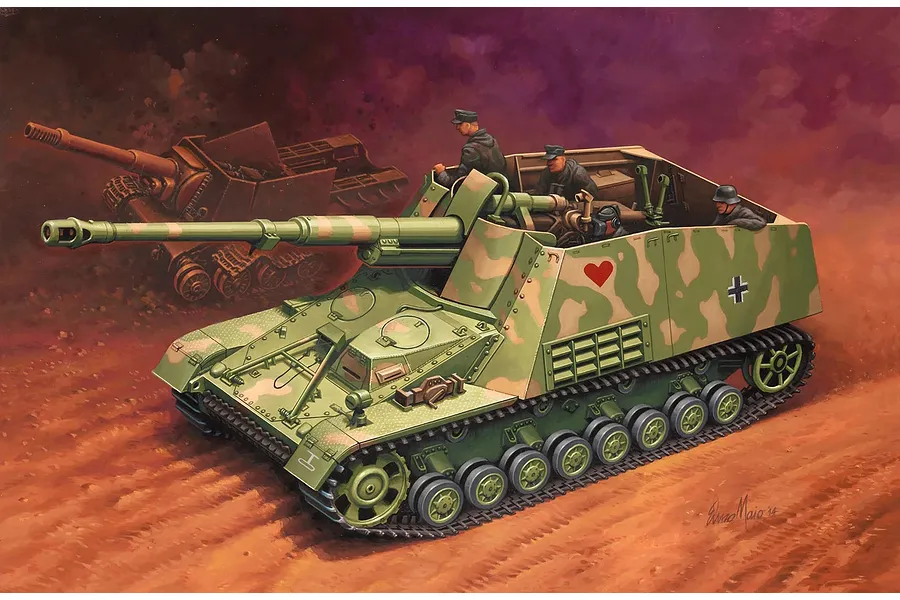 Box art illustration of a German Sd.Kfz. 164 Nashorn tank destroyer in a desert setting with crew members visible.