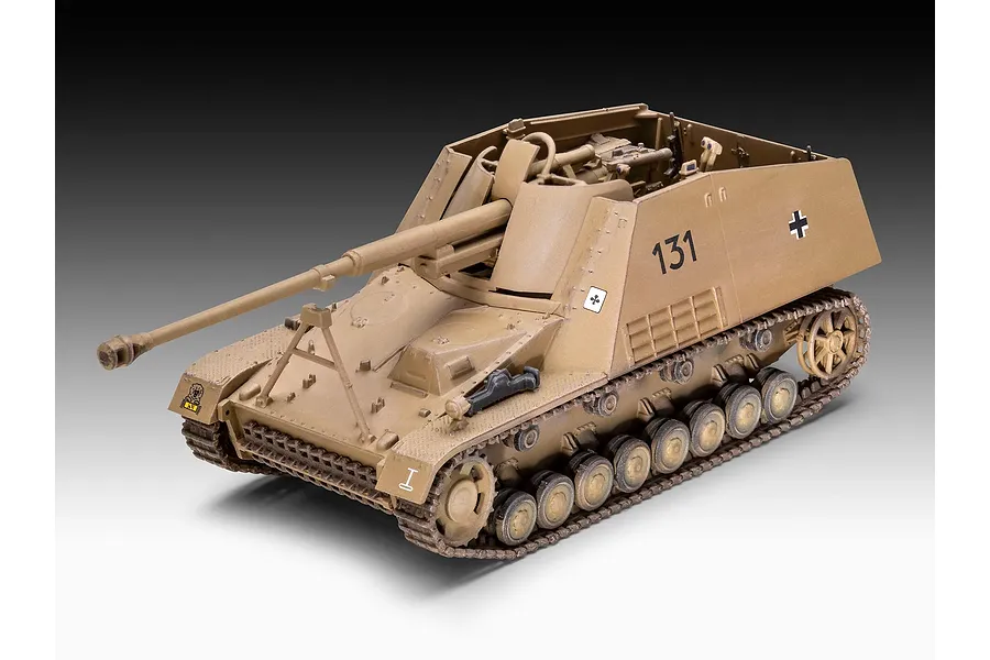 A fully assembled and painted 1/72 scale plastic model of a German Sd.Kfz. 164 Nashorn tank destroyer in a tan desert camouflage scheme.
