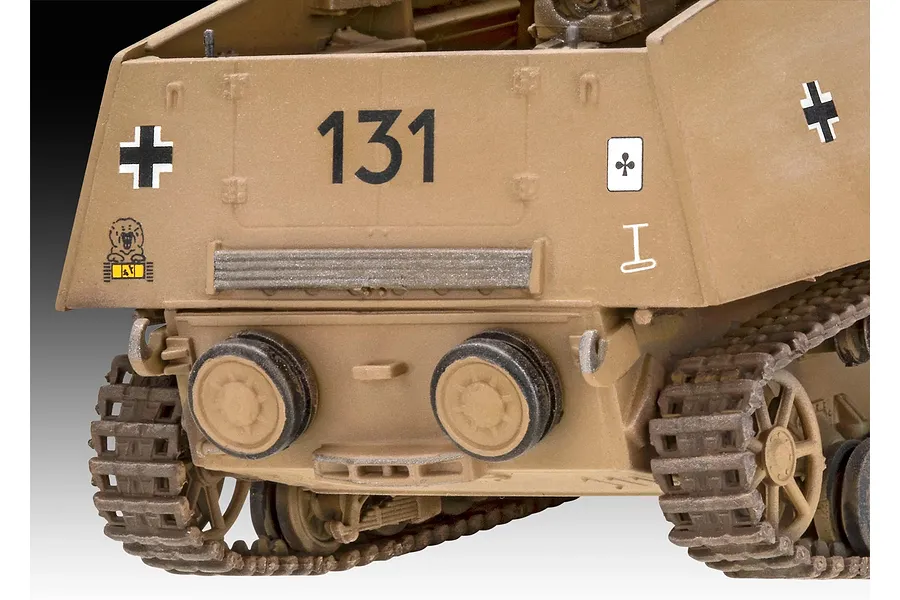 Close-up of the rear of a 1/72 scale plastic model Sd.Kfz. 164 Nashorn tank, showing the tan hull, tracks, and unit markings including the number 131.