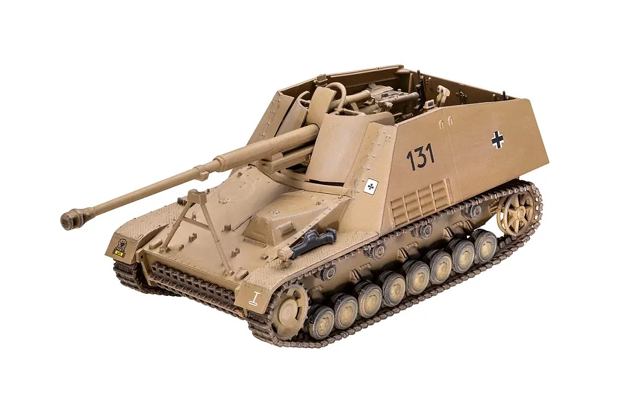 A 1/72 scale plastic model of a German Sd.Kfz. 164 Nashorn tank destroyer, painted in tan camouflage with the number 131 on the side.