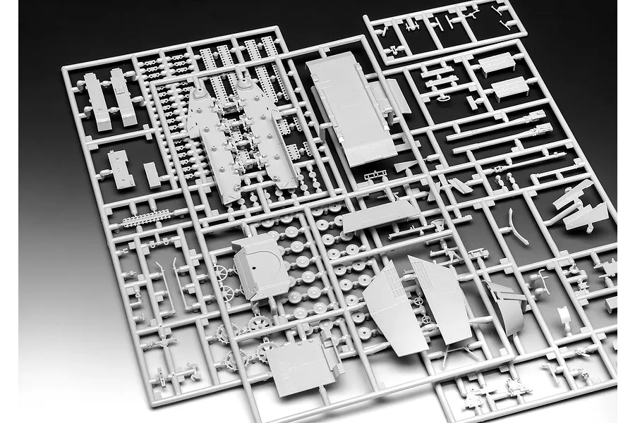 A grey plastic sprue containing various unpainted model tank parts for a 1/72 scale Revell Sd.Kfz. 164 Nashorn kit.