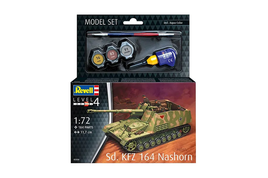 Revell 1/72 scale Sd.Kfz. 164 Nashorn plastic model kit box, including paints, glue, and a brush, displayed against a white background.