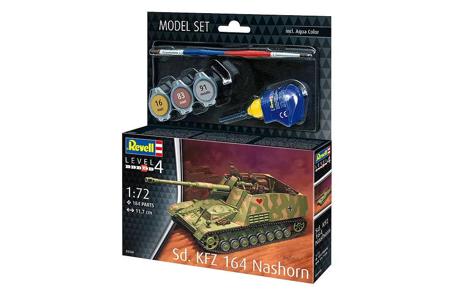 Revell 1/72 scale Sd.Kfz. 164 Nashorn plastic model kit box, including paints, glue, and a brush, displayed on a white background.