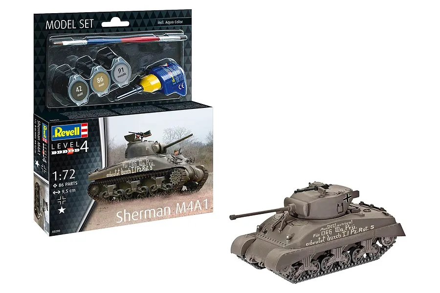 Revell 1/72 scale Sherman M4A1 plastic model tank starter kit box and the assembled, painted model tank on a white background.