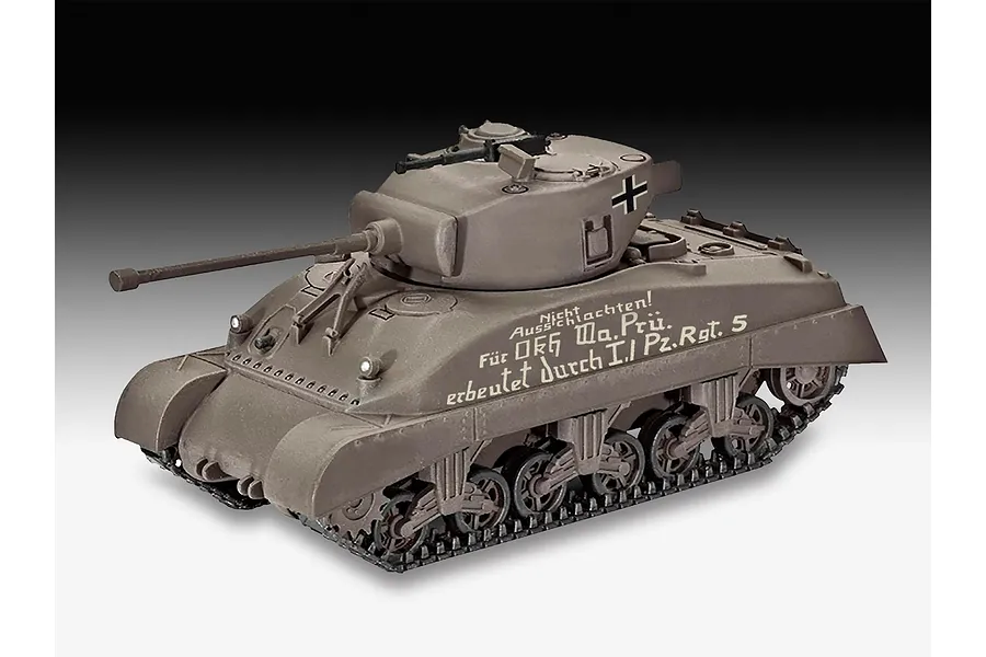 A 1/72 scale plastic model of a captured Sherman M4A1 tank painted in German markings, shown from a high-angle side view.
