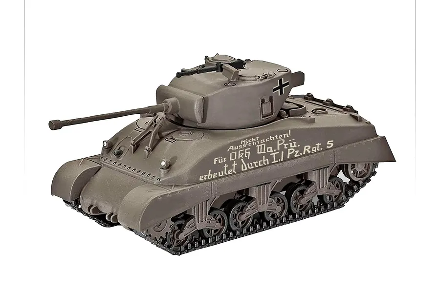 A 1/72 scale plastic model of a captured Sherman M4A1 tank painted in olive drab with German markings and text on the side.