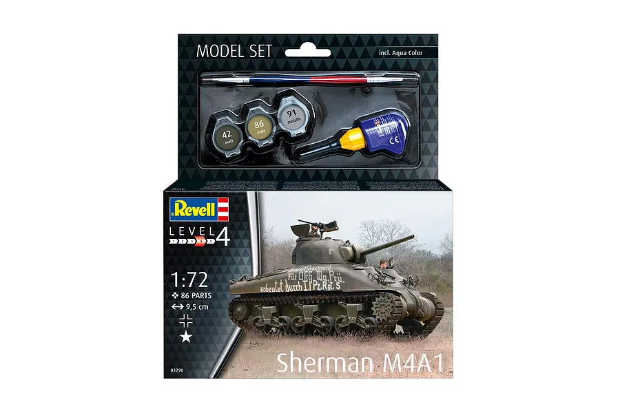 Revell 1/72 scale Sherman M4A1 plastic model tank starter kit box showing the finished model and included paints, brush, and glue.