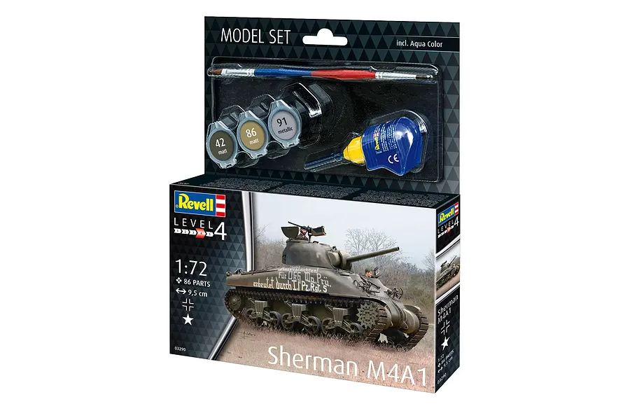 Revell 1/72 scale Sherman M4A1 plastic model tank starter kit in its original retail packaging, including paints, glue, and a brush.