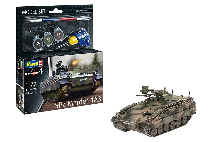 Revell 1/72 scale SPz Marder 1A3 plastic model kit box with included paint, glue, and brush, alongside a fully assembled and painted model tank.