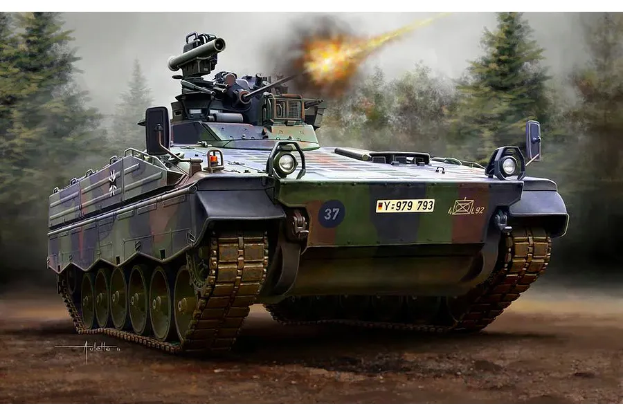 An artistic illustration of a German SPz Marder 1A3 infantry fighting vehicle firing its cannon in a forest setting.
