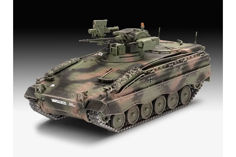 A completed and painted 1/72 scale plastic model of a German SPz Marder 1A3 infantry fighting vehicle in camouflage.