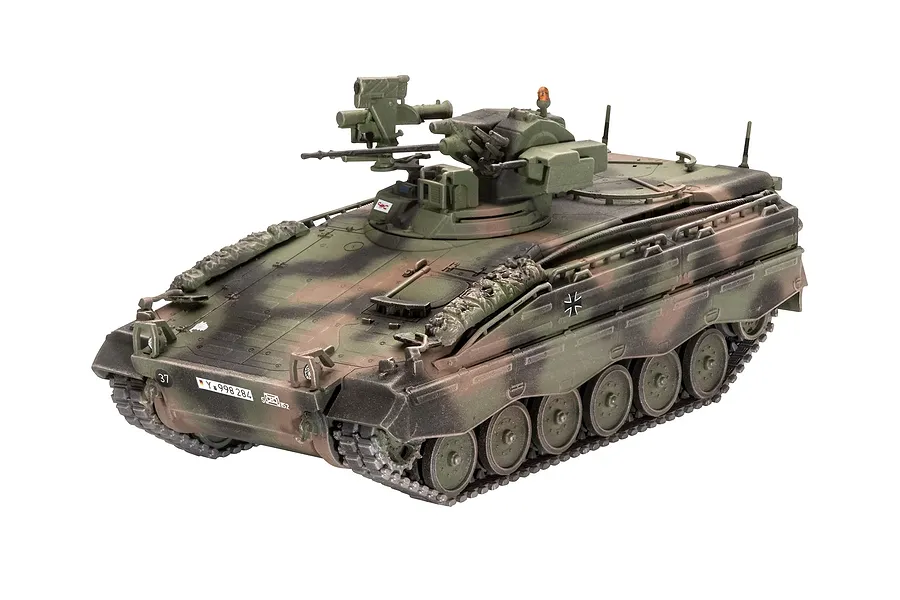 A fully assembled and painted 1/72 scale model of a German SPz Marder 1A3 infantry fighting vehicle with camouflage paint.