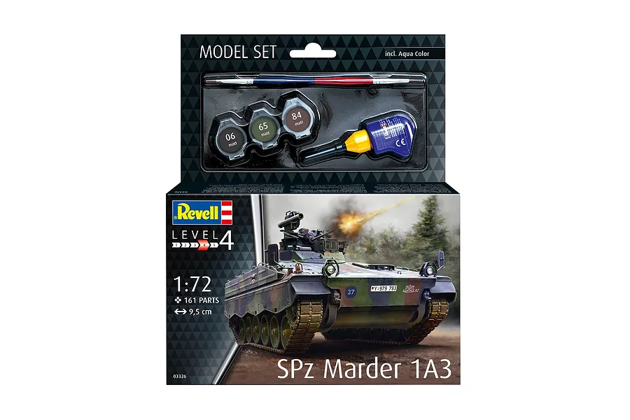 Revell 1/72 scale SPz Marder 1A3 plastic model tank starter kit box showing the finished model and included paints, brush, and glue.