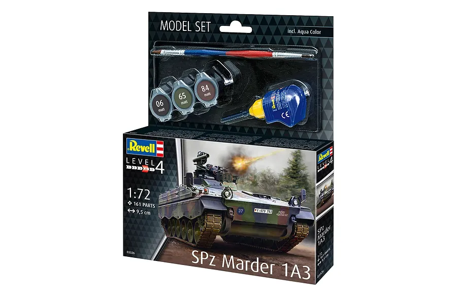 Revell 1/72 scale SPz Marder 1A3 plastic model kit box showing the tank and included paint, glue, and brush.