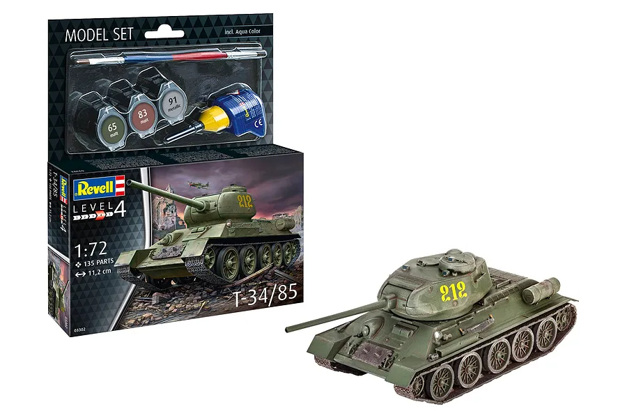Revell 1/72 scale T-34/85 tank model kit box and a fully assembled, painted model tank.