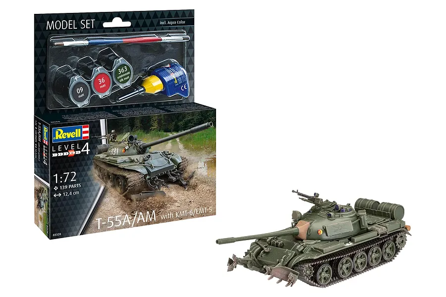 Revell 1/72 scale T-55A/AM tank model kit box and a fully assembled, painted green military tank model.