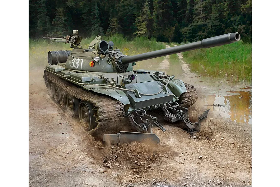 An artistic illustration of a T-55A tank with a KMT-6 mine plow moving through a muddy, forested track.