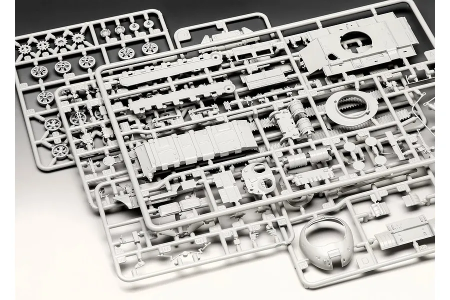 Grey plastic model kit sprues for a 1/72 scale T-55A tank model, showing various tank parts like wheels, hull sections, and turret components.