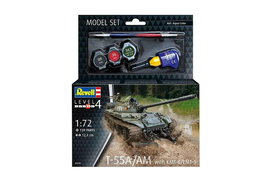 Revell 1/72 scale T-55A/AM tank model kit box featuring a painted tank illustration, including paint pots, glue, and a brush in the top blister pack.