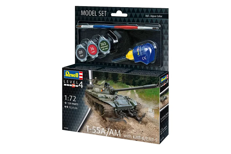 Revell 1/72 scale T-55A/AM tank model kit box with included paints, glue, and brush, featuring artwork of a tank with a mine plow.
