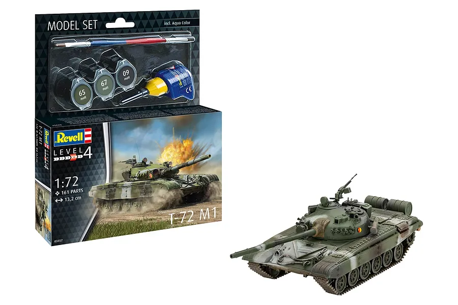 Revell 1/72 scale T-72 M1 tank model kit box and a fully assembled, painted model tank on a white background.