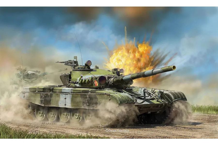 Box art illustration of a T-72 M1 tank in a green and grey camouflage pattern, driving through a dusty battlefield with an explosion in the background.