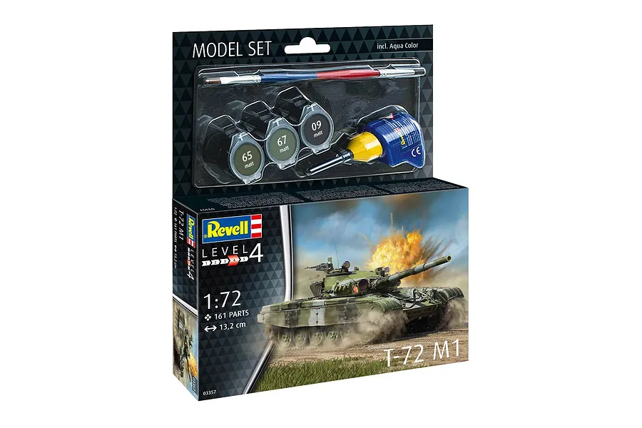 Revell 1/72 scale T-72 M1 tank plastic model kit box, including paints, glue, and a brush, displayed against a white background.