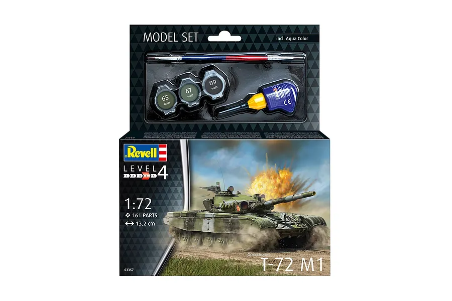 Revell 1/72 scale T-72 M1 tank model kit box showing the tank in action, including paints, glue, and a brush in the top blister pack.