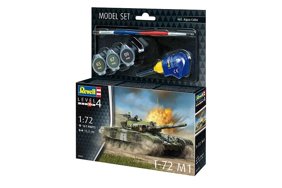 Revell 1/72 scale T-72 M1 tank model starter kit box showing the tank in action, including paints, glue, and a brush.