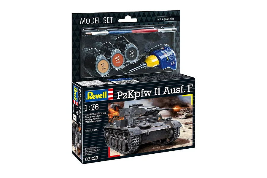 Revell 1/76 scale PzKpfw II Ausf. F plastic model tank starter kit box including paints, glue, and a brush.