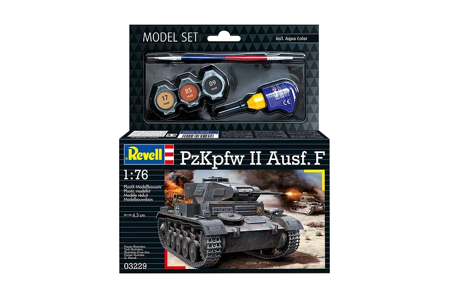 Revell 1/76 scale PzKpfw II Ausf. F plastic model tank starter kit box showing the tank, paint pots, glue, and a paintbrush.