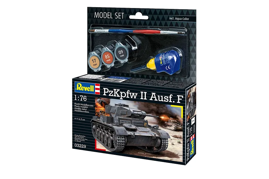 Revell 1/76 scale PzKpfw II Ausf. F plastic model tank starter kit box showing the tank, paints, glue, and a paintbrush.