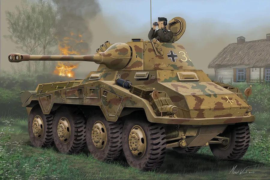 An artistic illustration of a German Sd.Kfz. 234-2 Puma armored car in a field with a commander looking through binoculars.