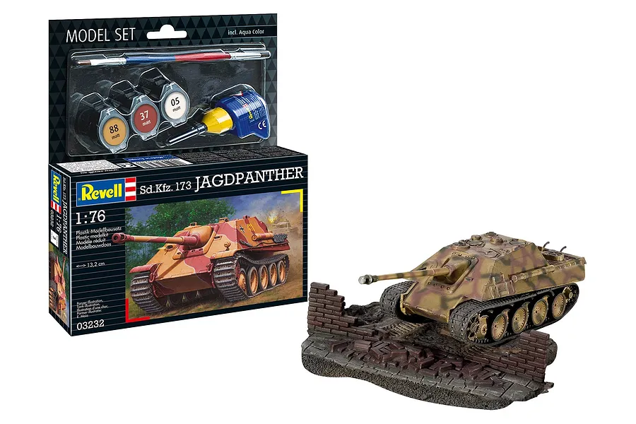 Revell 1/76 scale Sd.Kfz. 173 Jagdpanther model kit box with included paints, brush, glue, and a fully assembled and painted model on a diorama base.