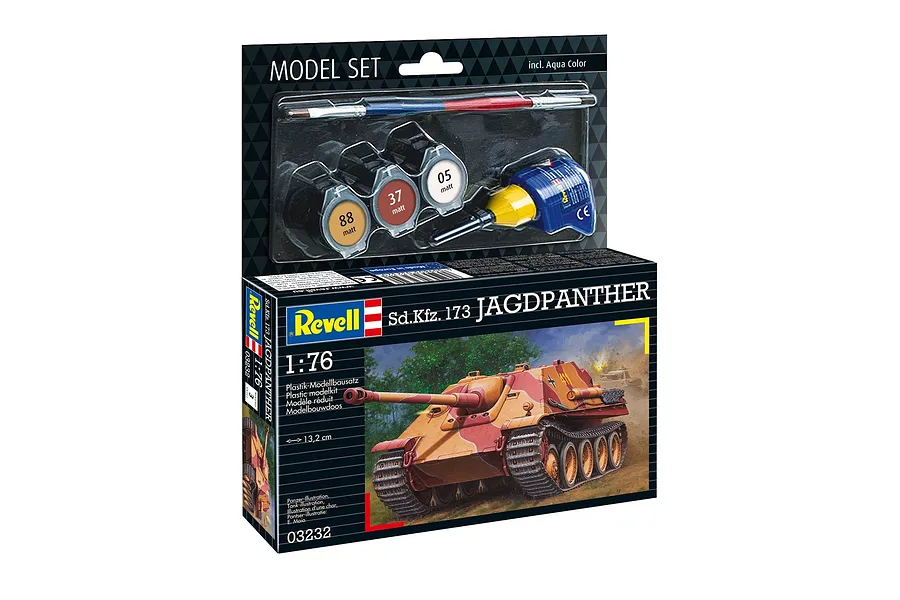 Revell 1/76 scale Sd.Kfz. 173 Jagdpanther plastic model starter kit box with included paints, glue, and brush.