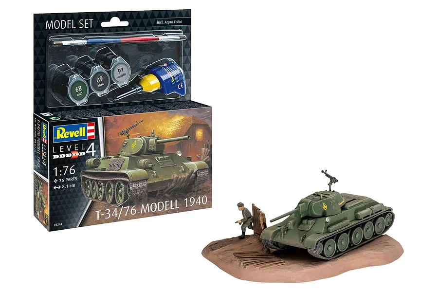 Revell 1/76 T-34-76 Model 1940 starter kit box next to a fully assembled and painted tank model with a soldier figure on a diorama base.