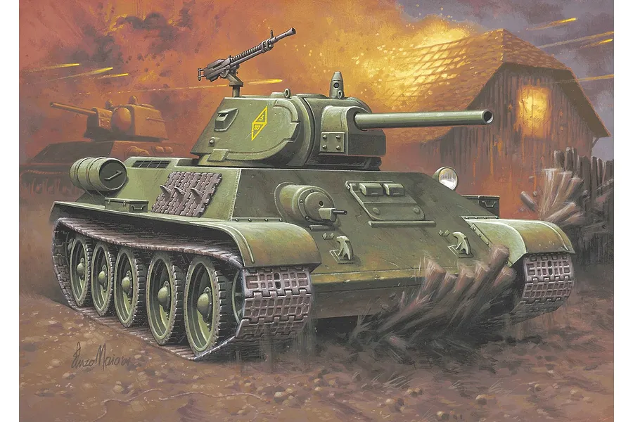 An artistic illustration of a T-34-76 tank in a battlefield scene with a burning building in the background.