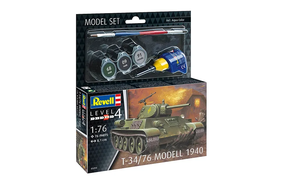Revell 1/76 scale T-34-76 Model 1940 tank plastic model starter kit box with included paint, brush, and glue.