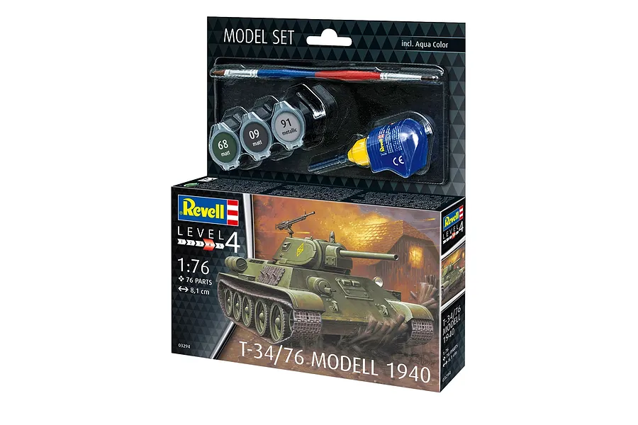 Revell 1/76 scale T-34/76 Model 1940 plastic model tank starter kit box including paints, glue, and a brush.