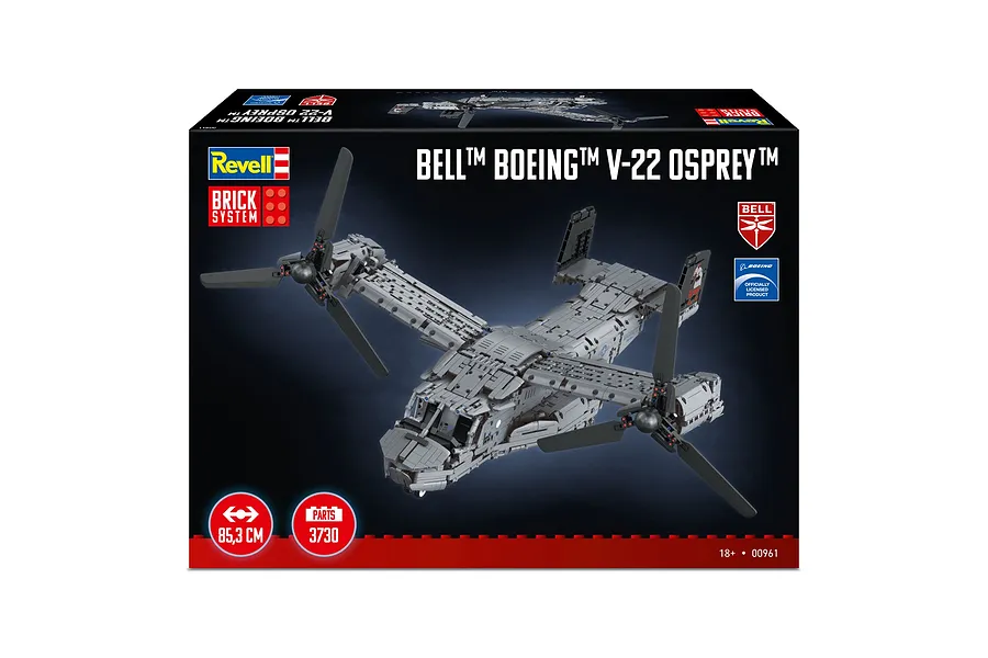 Product packaging for the Revell Brick System Bell Boeing V-22 Osprey model kit, featuring a large image of the assembled grey brick aircraft.