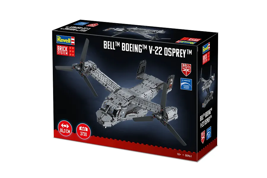 Revell Brick System Bell Boeing V-22 Osprey model kit box showing the completed grey aircraft model on a black background.