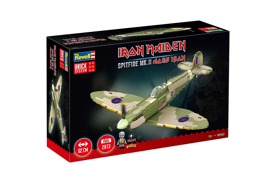 Revell Iron Maiden Spitfire MK.II Aces High Brick System model kit box showing the completed aircraft model.