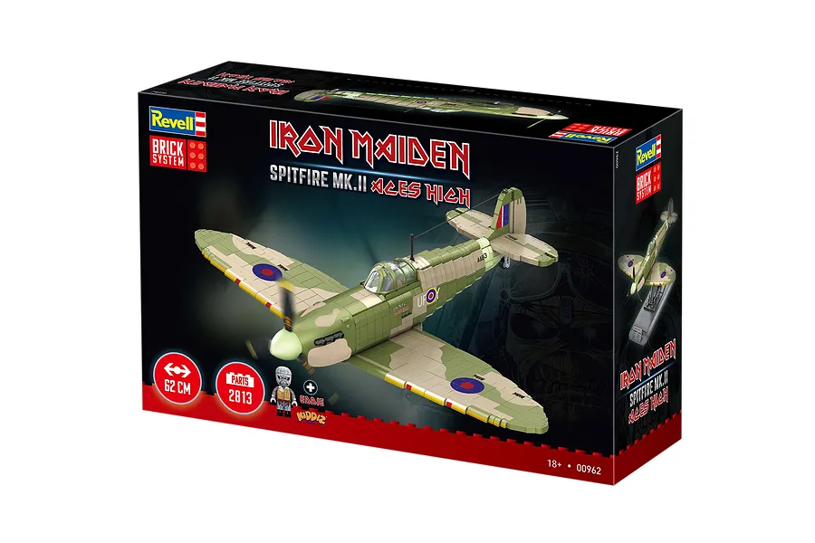 Revell Iron Maiden Spitfire MK.II Aces High Brick System model kit box showing a completed brick-built aircraft and an Eddie figure.