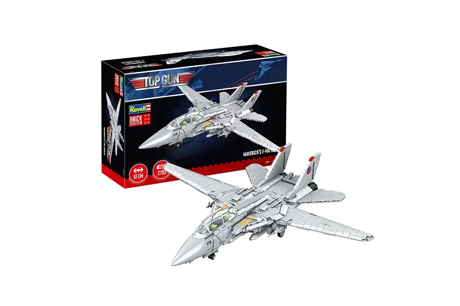 A Revell Brick System model of Maverick's F-14A Tomcat from Top Gun, shown fully assembled in front of its product packaging box.