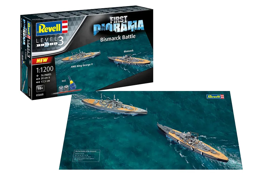 Revell 1/1200 scale First Diorama Bismarck Battle model kit box and assembled diorama display showing HMS King George V and Bismarck ships.